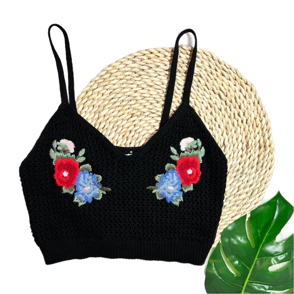 American Eagle Outfitters Tops - American Eagle Black Knitted Crochet Floral Embroidered Festival Crop Top Small